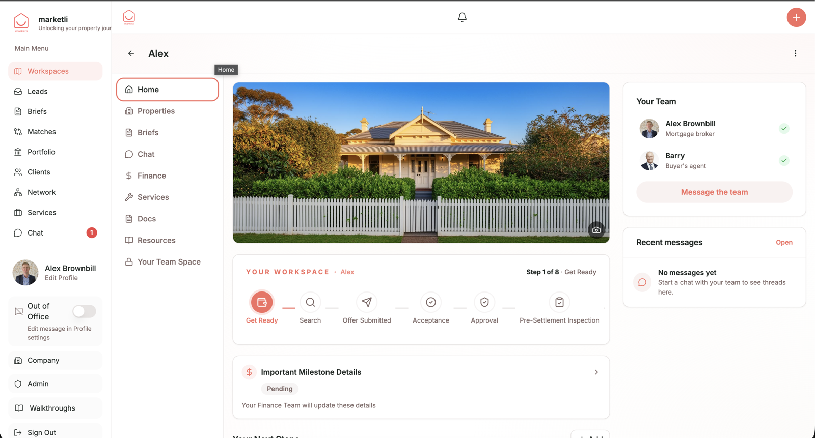 The Marketli workspace open on a laptop, showing a client's property journey, team, and timeline.